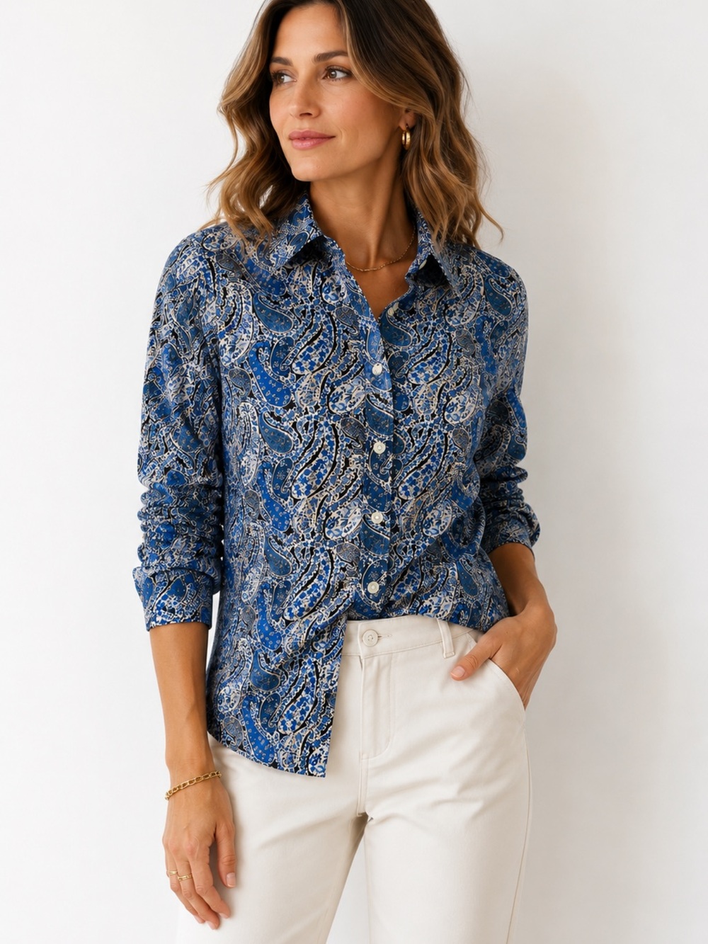 Lands' End Blue Paisley Button-Down Shirt